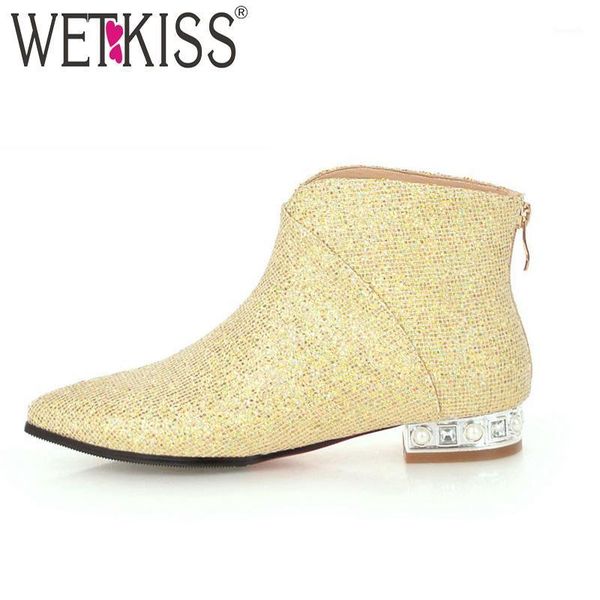 

boots wetkiss ankle women booties 2021 pointed toe bling pearl short plush footwear winter female low heels shoes black1, Black