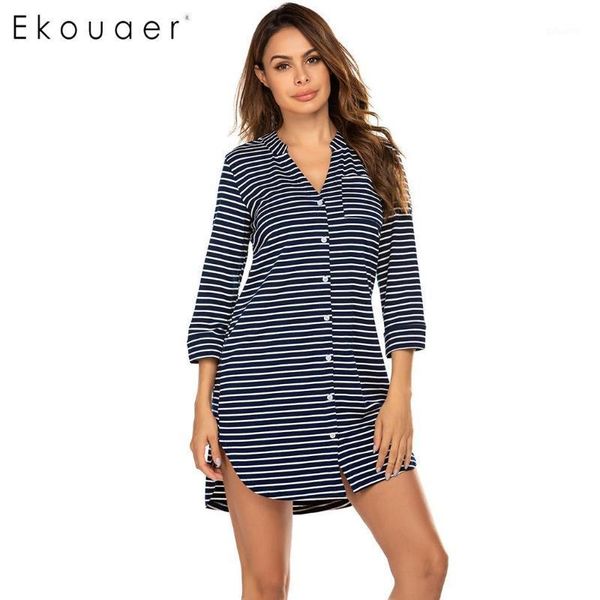 

ekouaer women cotton nightgown summer nightwear v-neck 3/4 sleeve striped button night dress female soft nightdress1, Black;red