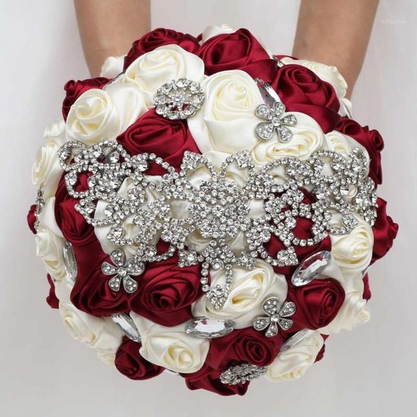 

20cm gorgeous wine red silk flower bouquet bridel bridesmaid diamond wedding bouquets artificial pearls crystal bouquet mariage1