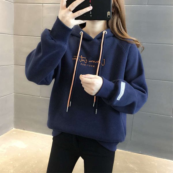 

2sf4bautumn hooded letter sweater women 2020 new korean loose plush thickened winter fashion coat, Black