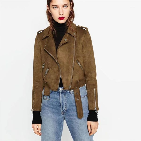 

2020 new autumn faux suede womens motorcycle trend jacket faux leather jacket women biker slim long sleeve pu coat1, Black