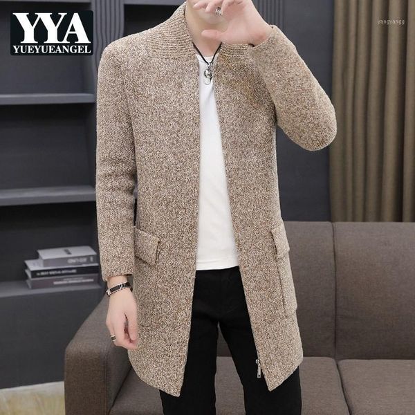 

mens winter thick fleece liner mens knintting cardigan casual long sleeve zipper pockets male medium length outerwear plus size1, White;black