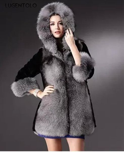 

lugentolo женщины искусственная шуба осень зима толстое толстая куртка большой воротник пальто леди элегантная три четверть рукава искусстве, Black