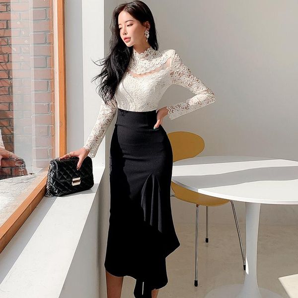 

women's tracksuits office lady two piece set spring long sleeve lace blouse + high waist sheath bodycon skirt outfits for women t7638, Gray