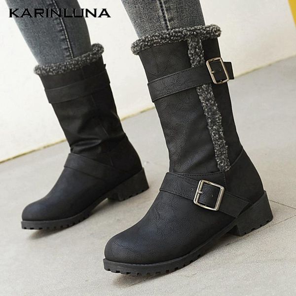 

boots wholesale stylish shoes mid-calf round toe buckle straps slip-on cotton warm square heels women, Black