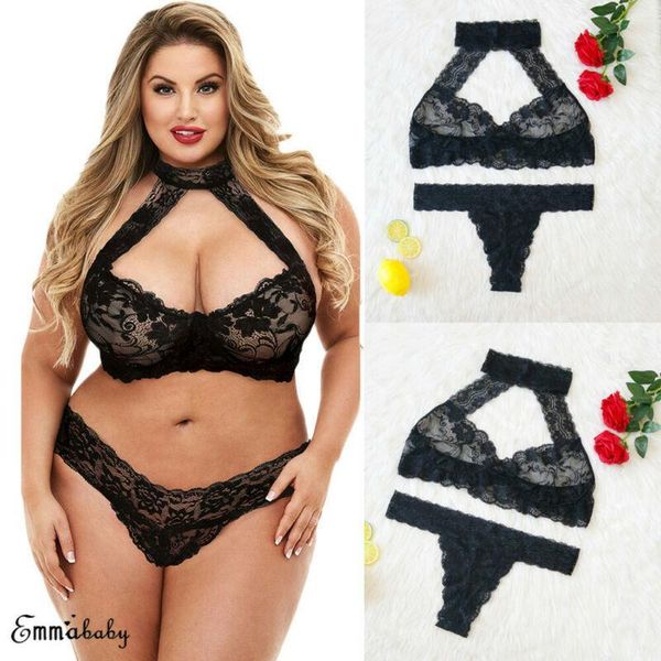 

plus size bandage perspective lingerie lace strappy bra corset push up hanging neck g-string thong women underwear set1, Red;black