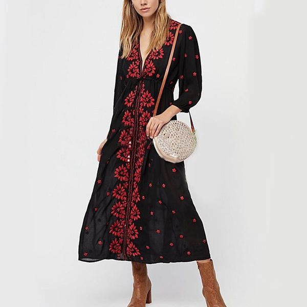 

khale cotton summer dress long sleeve floral embroidery bohemian dresses for women ethnic hippie chic style beach clothing, Black;gray