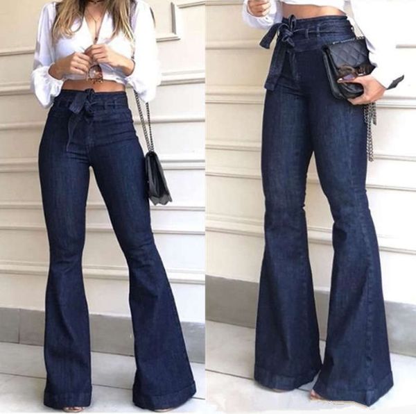 

12020 high waist micro elastic lace up flared wide leg pants jeans women's wear, Blue