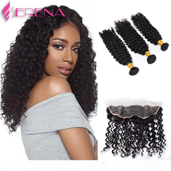 

brazilian deep wave lace frontal closure with bundles brazilian curly virgin hair with frontal closure deep wave with closure, Black;brown