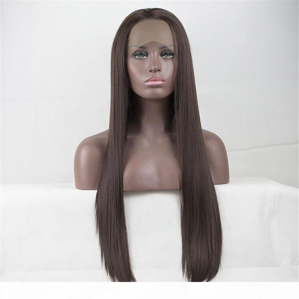 

lace front wigs dark brown silk straight heat resistant fiber synthetic wig for women with natural hairline and baby hair, Black