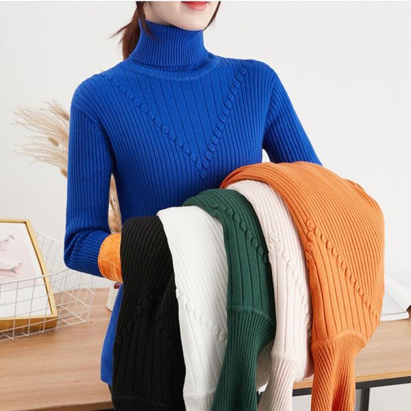 

2021 new winter women knitted turtleneck soft slim female pullovers plus velvet warm elasticity sweater u631, White;black