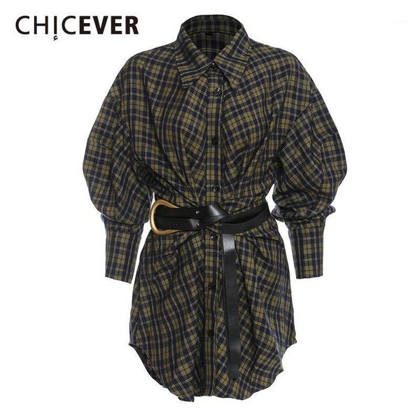 

chicever loose plaid shirts for women lapel long sleeve high waist sashes hit color casual blouses female 2020 autumn tide new1, White
