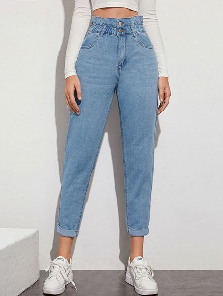

light wash high-waisted paperbag waist jeans m4cu#, Blue