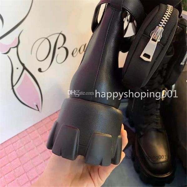 

ladies boots wallet motorcycle boots leather removable keycase boots autumn and winter thick bottom increased shoes, Black