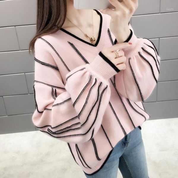 

2020 autumn winter sweater women striped pullover knitted jumper long lantern sleeve v neck ladies female sweater pull femme1, White;black