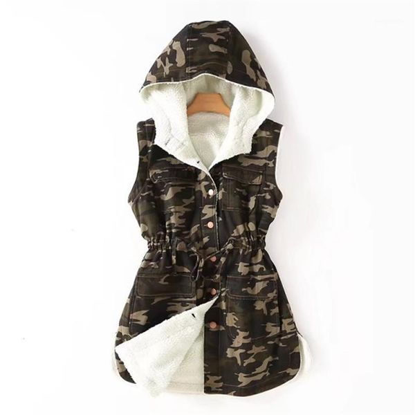 

2020 winter women thick woolen liner denim single breasted vest casual camouflage worm hooded sleeveless waistcoat1, Black;white