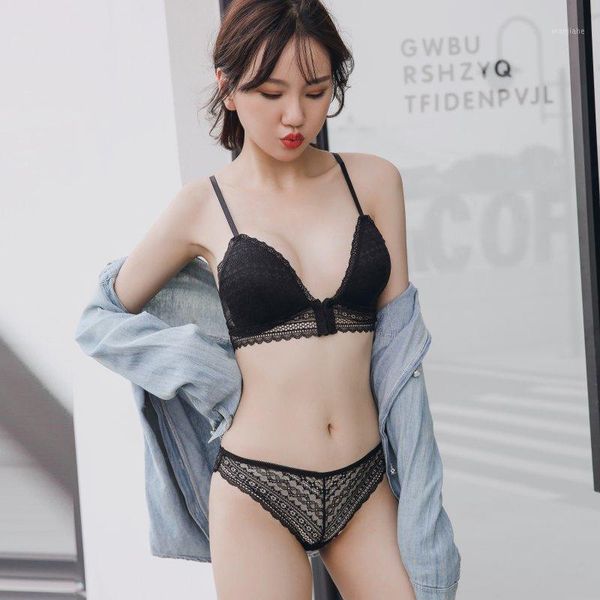 

fashion lace front buckle bra+panties suit women lingerie beauty back no steel ring gathered padded brassiere + briefs set1, Red;black