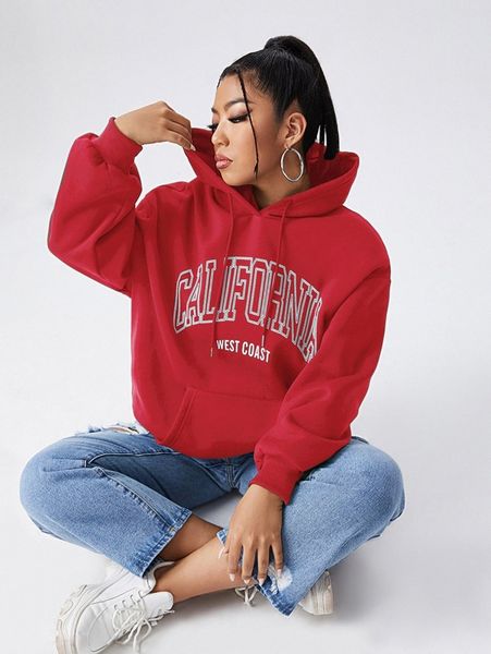 

plus letter graphic kangaroo pocket drawstring hoodie b6qu#, Black