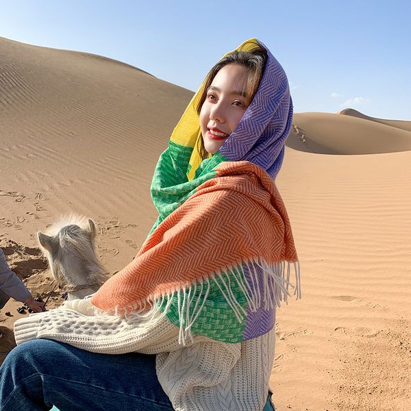 

new five color stitching contrast scarf for fall / winter 2020 klwe, Blue;gray