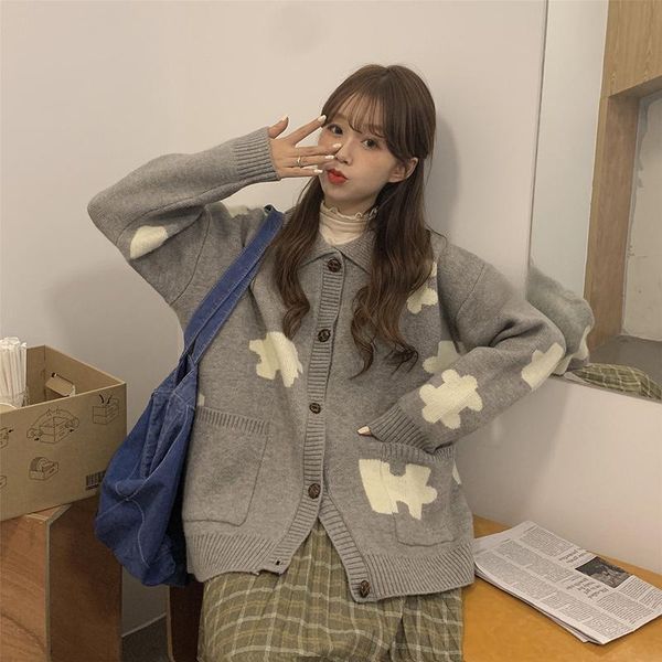 

women's knits & tees autumn and winter loose retro pine cone buckle lapel puzzle jacquard sweater open stitch jacket women, White