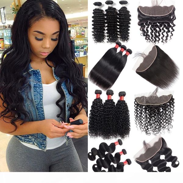 

brazilian human hair bundles with closure kinky curly virgin hair with 13x4 lace frontal hair weaves peruvian lace frontal with bundles, Black;brown