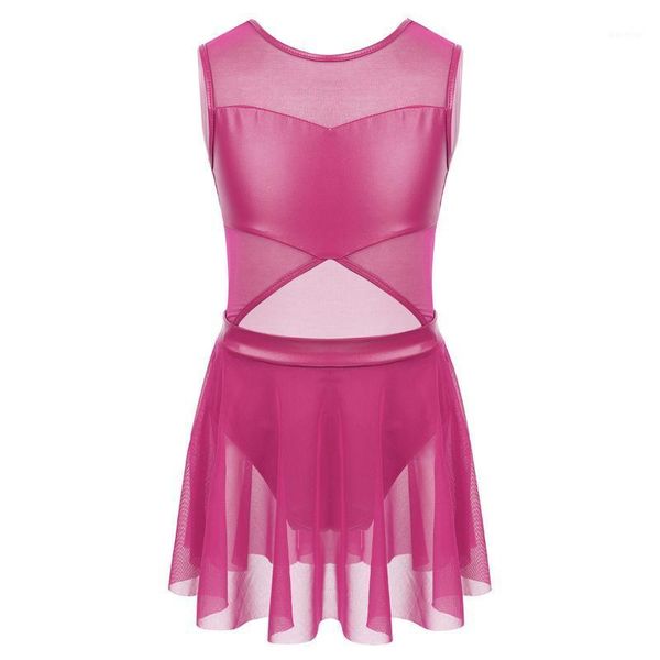 

tiaobug kids teens mesh back faux leather tulle splice gymnastics leotard girls ballet costume figure skating dress dance wear1, Black;red