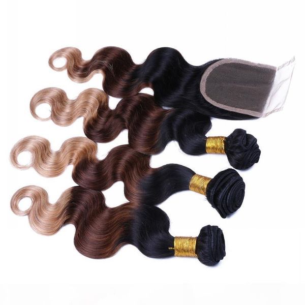 

brazilian 1b 4 27 honey blonde ombre virgin human hair weaves with closure body wave 3tone ombre 4x4 lace closure with 3bundles, Black