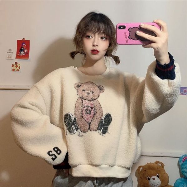 

imitation lamb plush baby bear sweater for women autumn winter 2020 new versatile loose bf lazy style thickened student top, Black