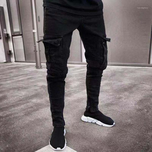 

men's jeans black men casual skinny multi-pockets stretch denim trousers fashion ankle zipper distressed pantalones hombre1, Blue