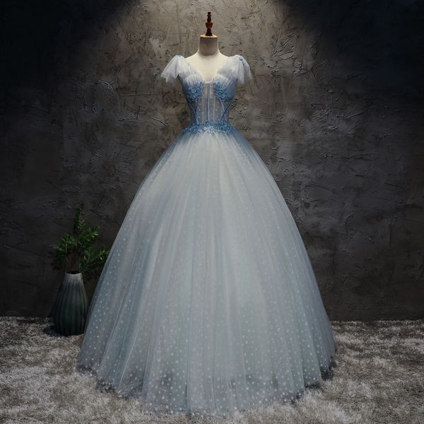 2021 Illusion scollo a V Ball Gown Quinceanera Abiti Appliques perline Tulle Sweet 16 Dress Debuttante Prom Party Custom Made