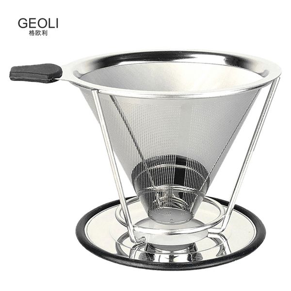 

stainless steel filter double layer drip coffee holder funnel baskets reusable coffe filters with stand q0109