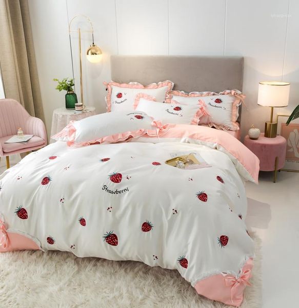 

60s washed silk ab pure cotton 4pcs duvet cover bed sheet pillowcases embroidery strawberry sun flowers pink yellow red white1