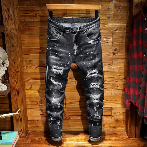 

Unique Mens Distressed Badge Black Skinny Jeans Fashion Designer Slim Fit Washed Motocycle Denim Pants Panelled Hip Hop Biker Trousers