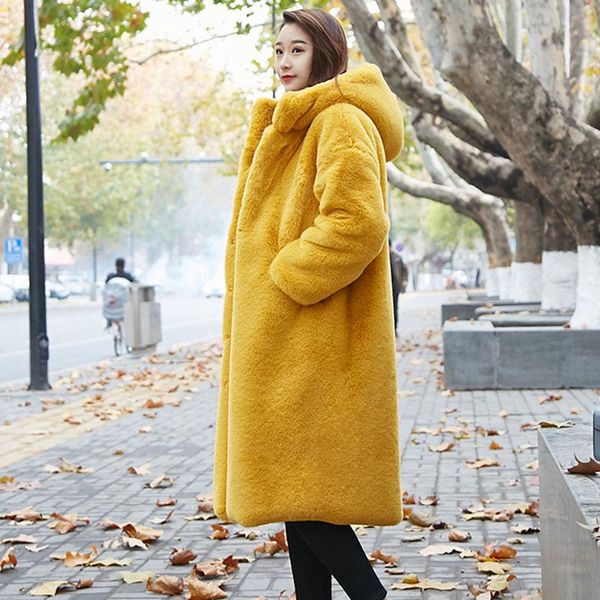 

2021 winter warm long fur coats female lapel outerwear brand thick jacket women faux fur coat russia, Black