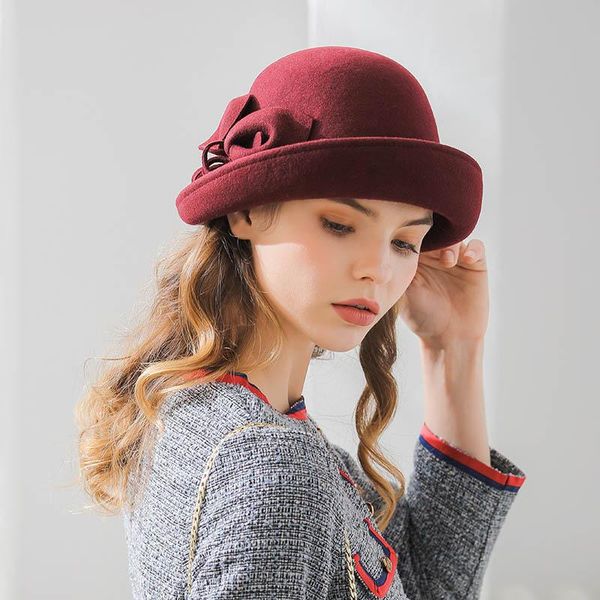 

fibonacci 2020 new brand quality flanging floral wool felt fedoras women's autumn winter hats dome elegant banquet fedora hat, Black;white