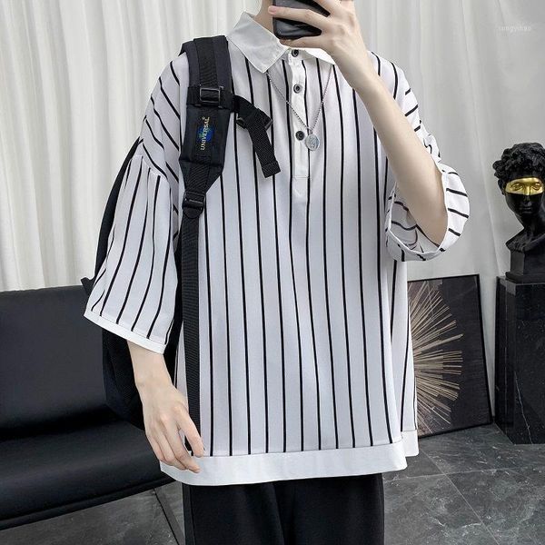 

2020 summer new youth popular loose large size printed 3/4 sleeve shirt fashion casual shirt jacket black / white -2xl1, White;black