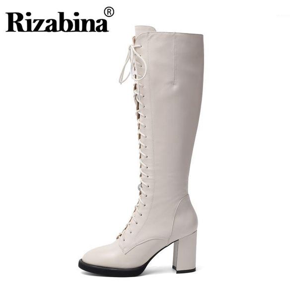 

rizabina knee high boots women brand real leather knight shoes women new winter cross strap high heels long boots size 34-391, Black