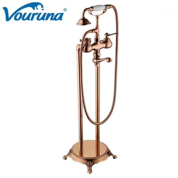 

vouruna rose golden standing bathtub faucet floor mounted bath filler mixer taps1