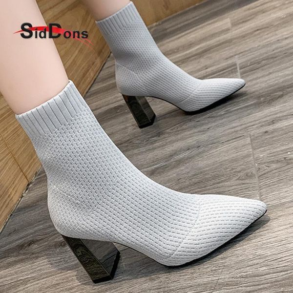 

siddons 2021 stretch women socks boots pointed toe stretch fabric slip on trendy shoes woman high heels ladies ankle boots1, Black