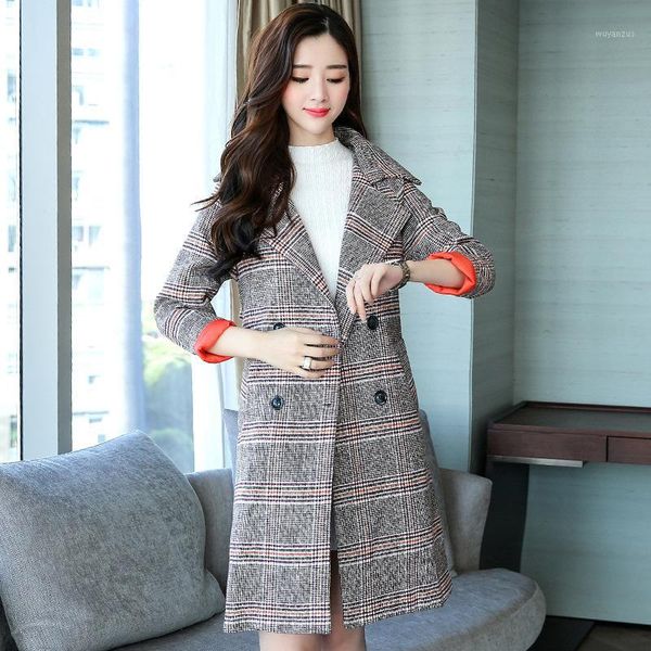 

vintage plaid long women wool coat double breasted wide-waisted winter jacket pockets turn-down collar cashmere coat nice1, Black
