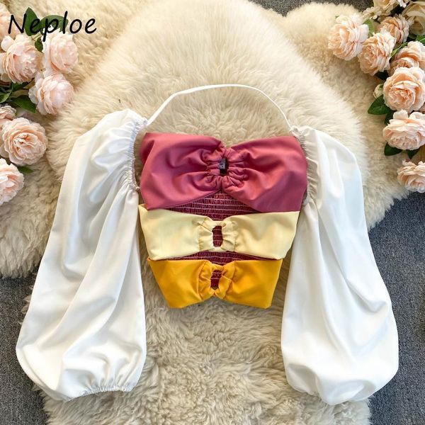 

neploe panelled hollow out strapless women blouse chic detachable puff sleeve femme blusas 2021 spring new fashion shirts1, White