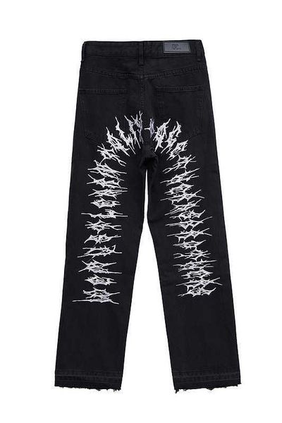 

men's jeans high street dark embroidered straight jeans, Blue