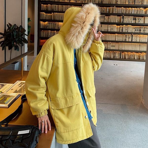 

winter men's waterproof snow denim jacket thickness cashmere lamb long cotton-padded clothes yellow/black parkas loose trench1