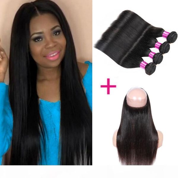 

pre plucked 360 lace frontal brazilian virgin hair body wave&straight bundles with frontal human hair 360 lace frontal with bundles, Black;brown