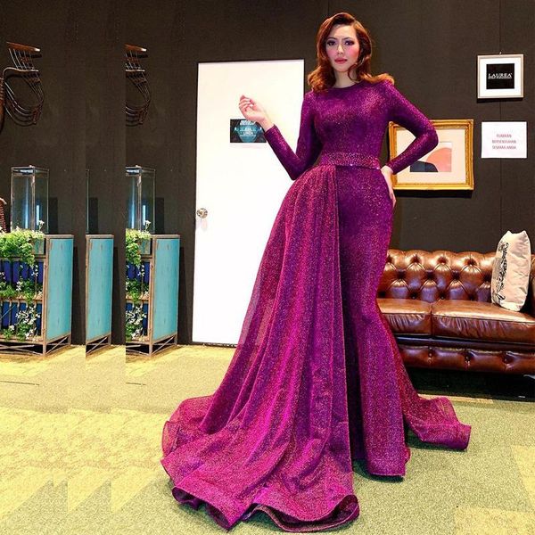 

glitter sequin mermaid evening dresses with remove train o neck long sleeve overskirt bead belt celebrity dress, Black;red