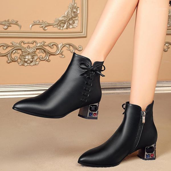 

boots 2021 genuine leather crystal high heels elegant wedding party shoes woman women winter side zipper ankle boots1, Black