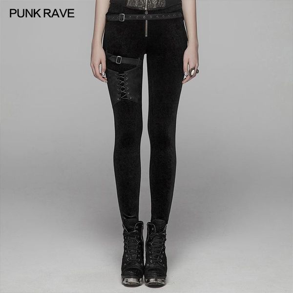 

punk rave women's steampunk lacing leggings with straps gothic black flower velvet women pants trousers personality street wear, Black;white
