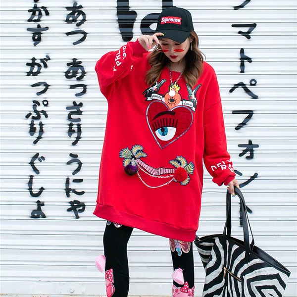 

european station thai tide marks heavy work of the cartoon sequins impression women's nightgown long section loose net ins red cec t-sh, Black