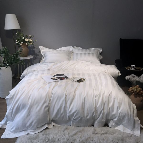 1000TC ägyptische Baumwolle weiß grau gestreift Bettwäsche-Set Luxus-Hotel-Bett-Set Bettbezug weiches Bettlaken QUEEN KING parure de lit T200706