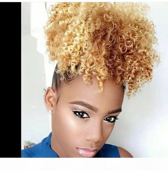 

honey blonde afro puff drawstring ponytail for black women afro kinky curl human high puff drawstring short ponytail with clip in color 27